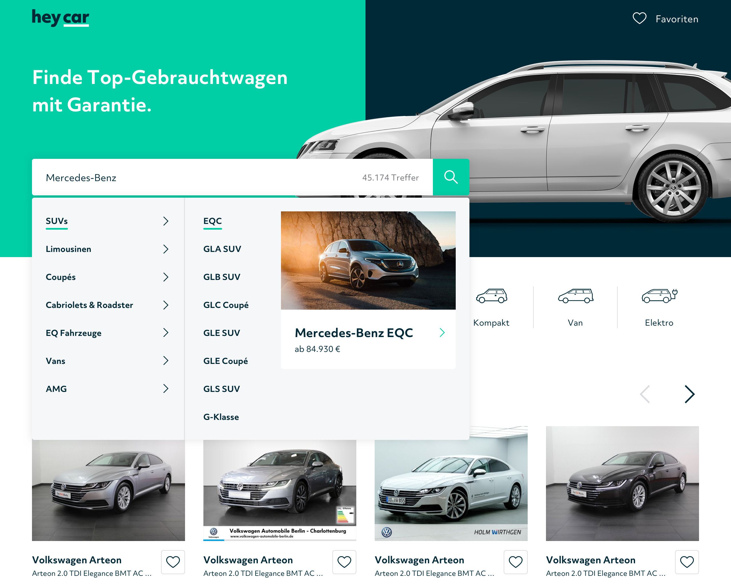 hey.car Homepage Suche mit Navigation